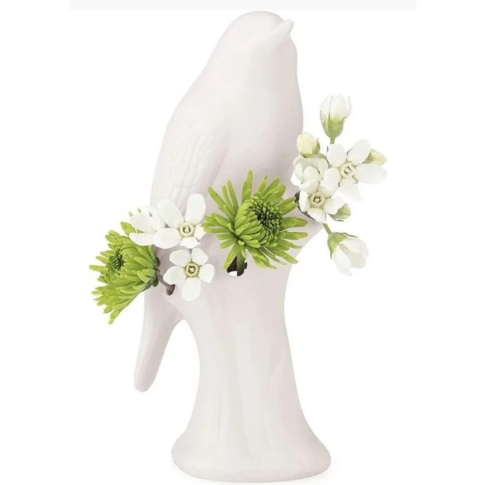 Bisque Porcelain Bird Flower White Vase Decor Dainty Size Collectible
